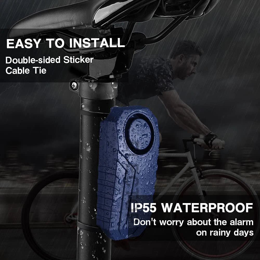 A blue IP55 waterproof double-sided sticker cable tie is shown installed on a bicycle frame.