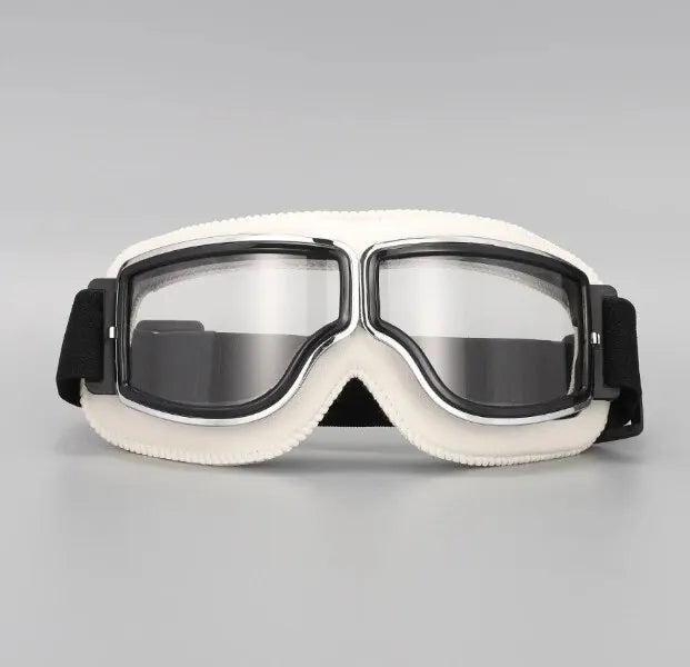 A pair of white retro folding motorcycle windproof glasses with black frames and lenses.