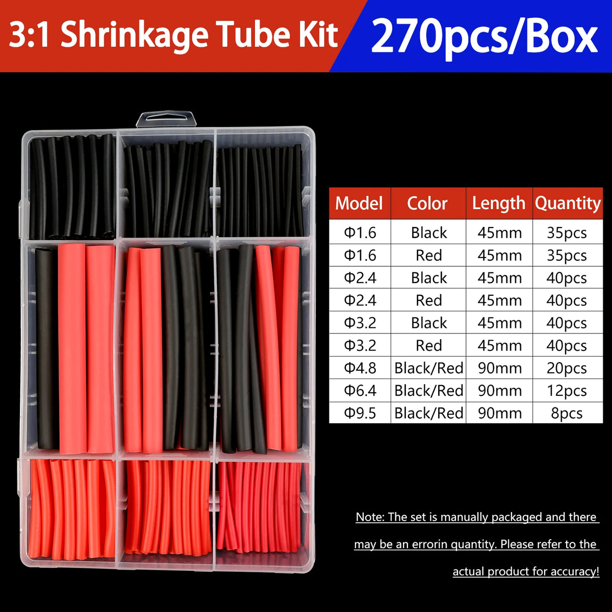 A box of 3:1 shrinkage tube kit containing various colored and sized heat shrink tubing for electrical insulation.