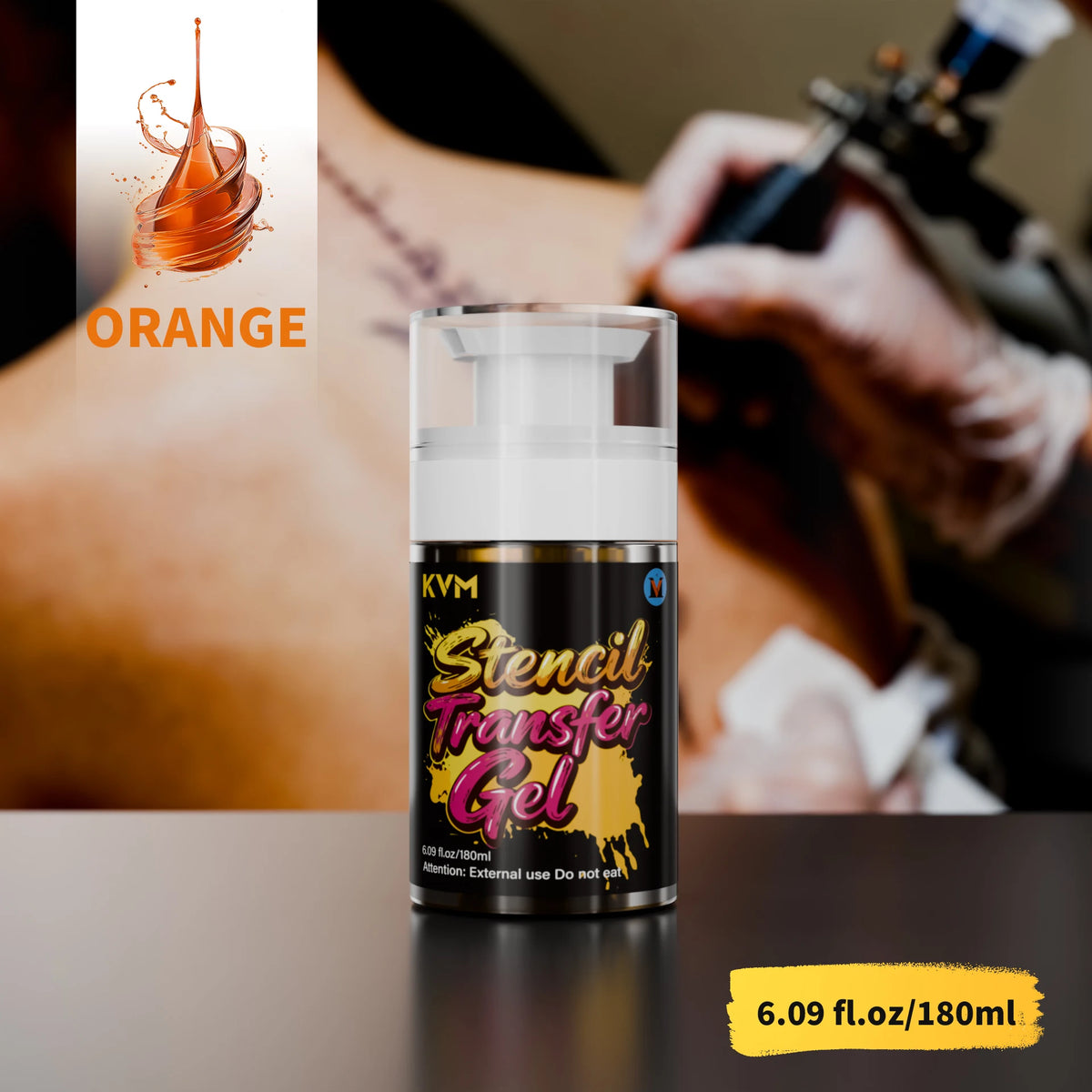 A glass bottle of KVM Stencil Transfer Gel is shown next to a person's skin, with an orange swatch in the background.