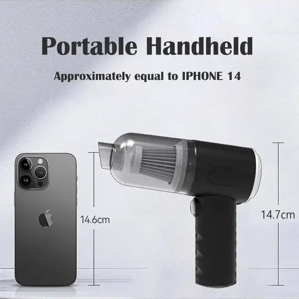 Una aspiradora portátil de mano, del tamaño de un iPhone 14, junto a un smartphone.