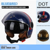 Blaues und rotes DOT-zertifiziertes Offen-Face-Motorradhelm mit schwarzem Visor und braunem Schaumstoffpolster.