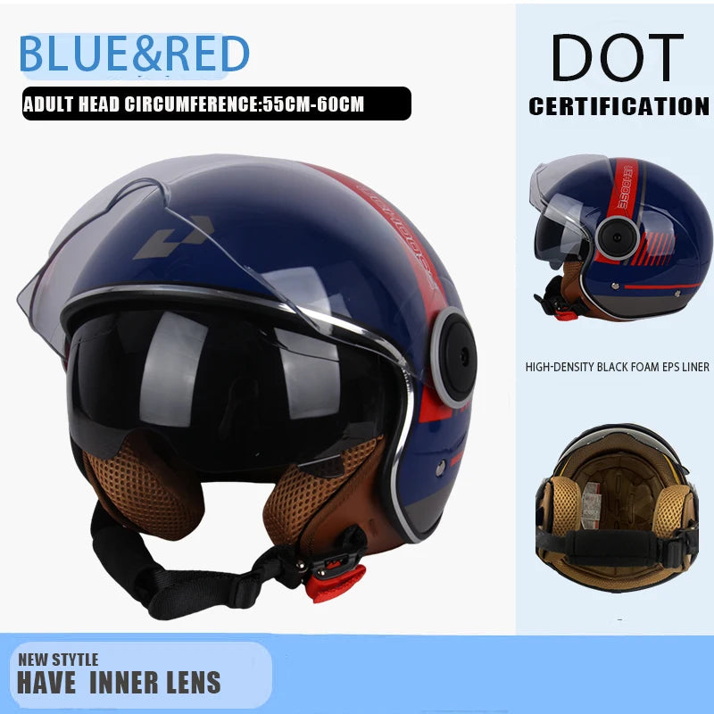 Blaues und rotes DOT-zertifiziertes Offen-Face-Motorradhelm mit schwarzem Visor und braunem Schaumstoffpolster.