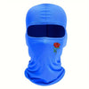 Bright blue balaclava hat featuring a red rose embroidery on the front.