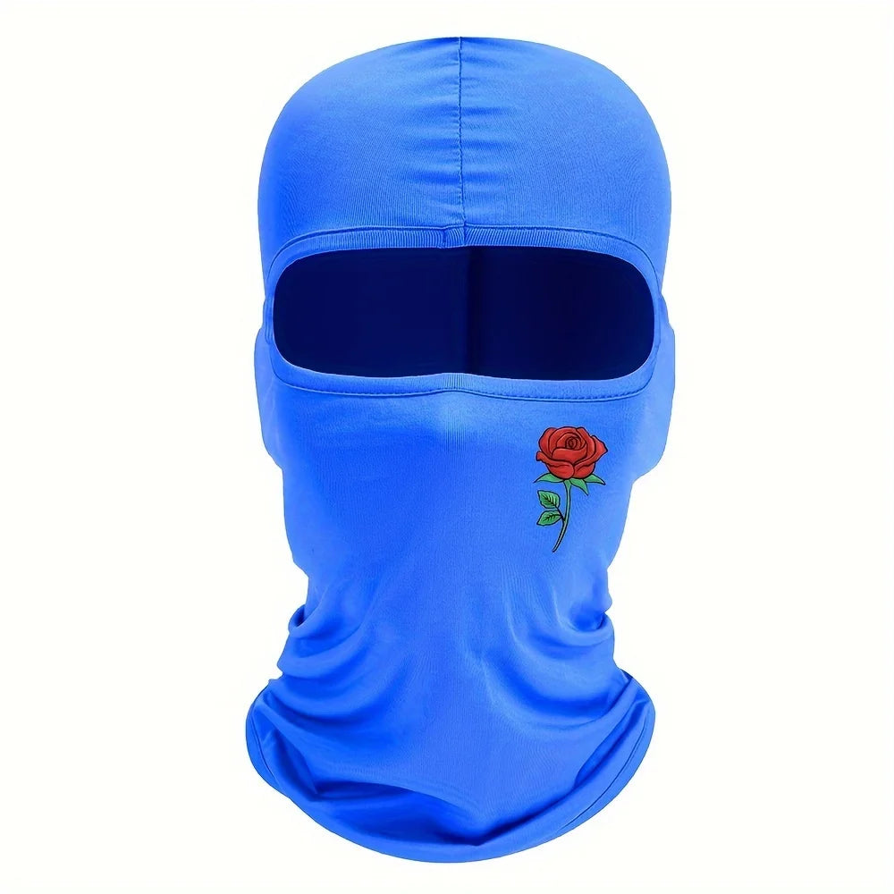 Bright blue balaclava hat featuring a red rose embroidery on the front.