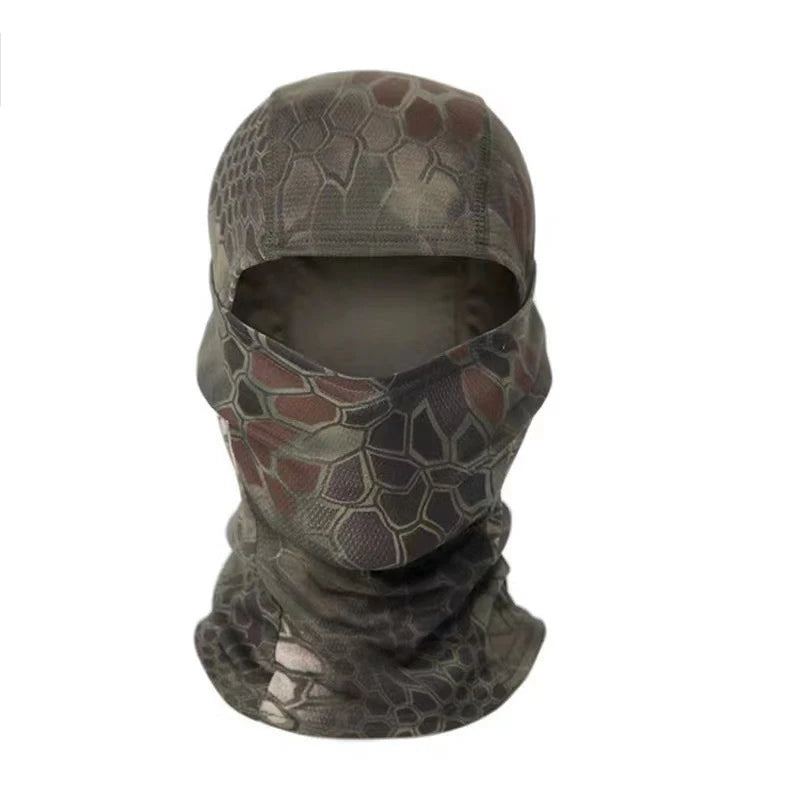 A dark gray and brown patterned stretchy balaclava cap for outdoor sports