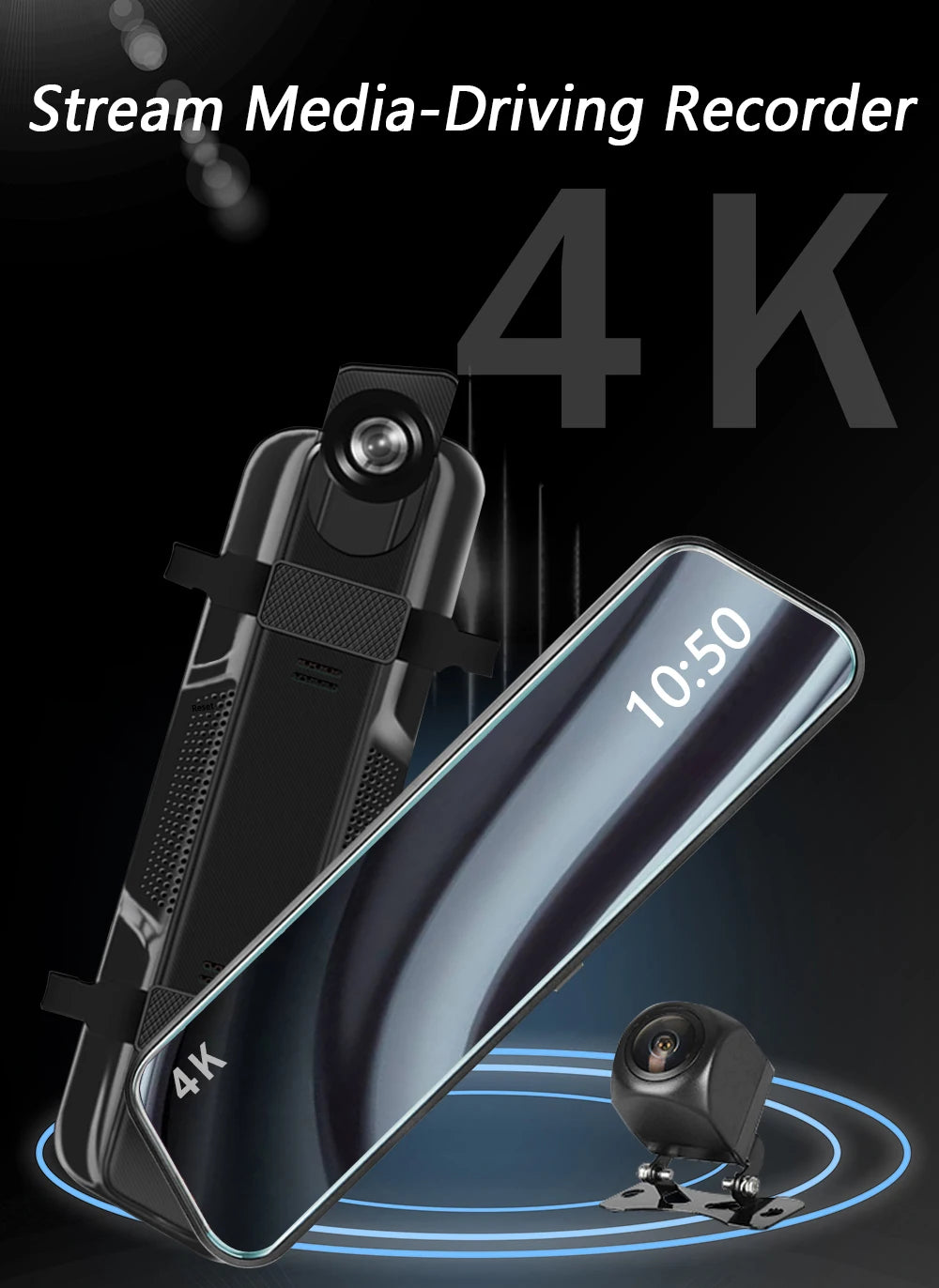A 10-inch 4K stream media-driving recorder is shown with a separate camera unit and blue light effects.