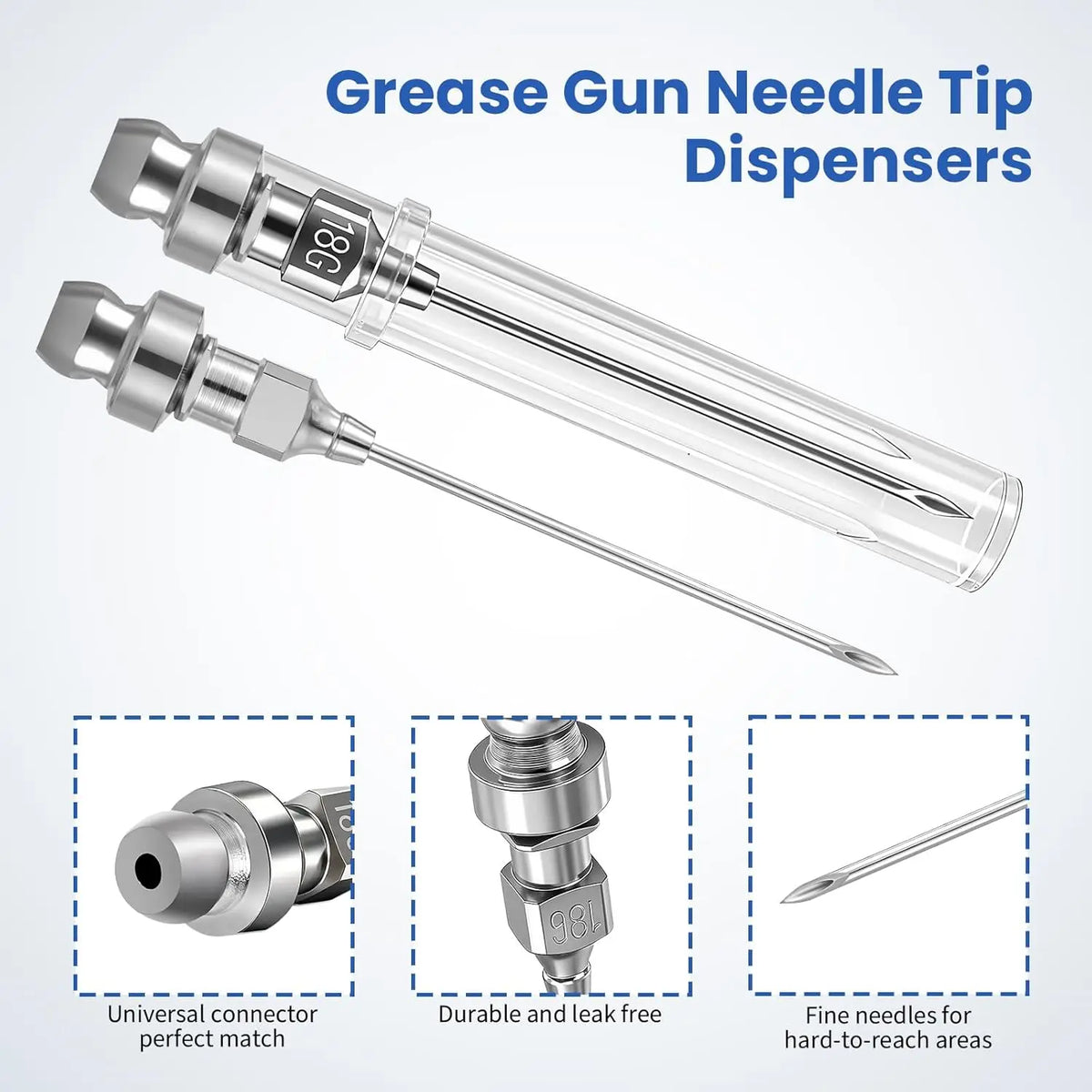 A set of grease gun needle tips and fittings including a universal connector, durable parts, and fine needles for hard-to-rea