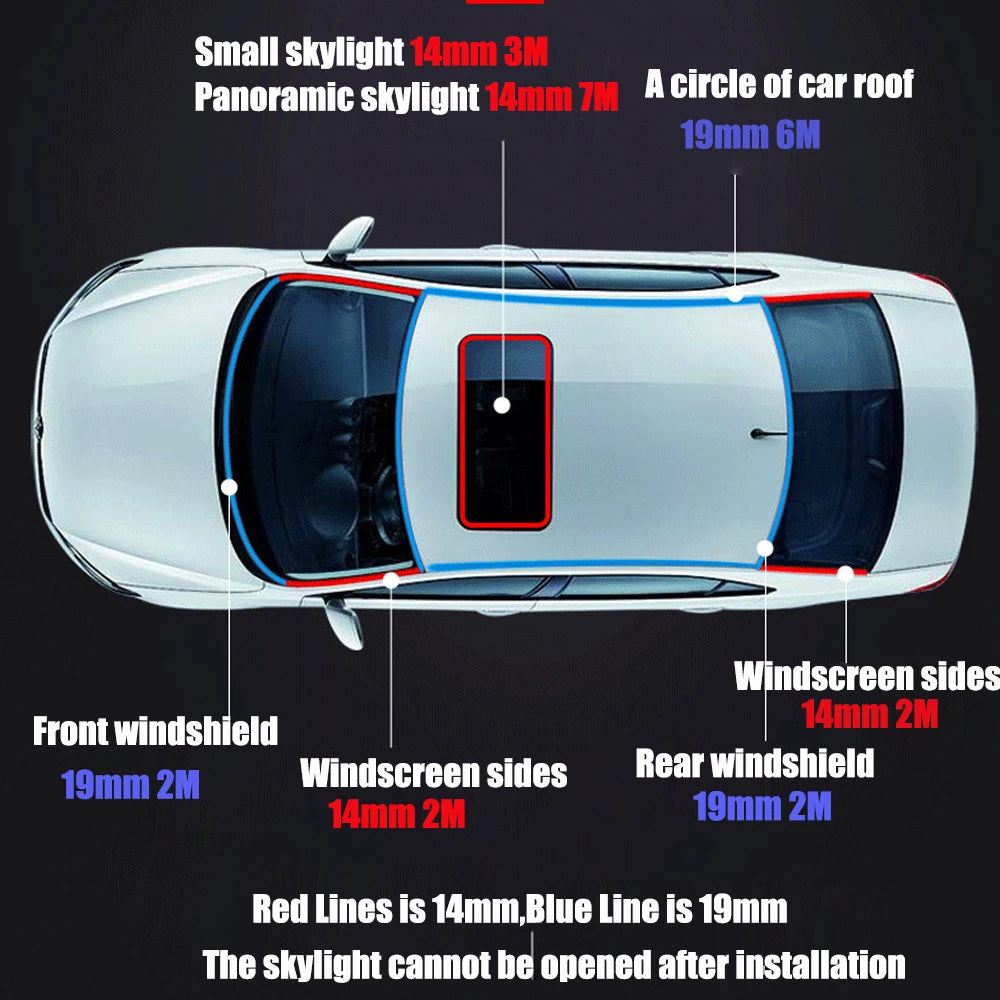 A white car roof with various colored sealing strips and window details shown from above.