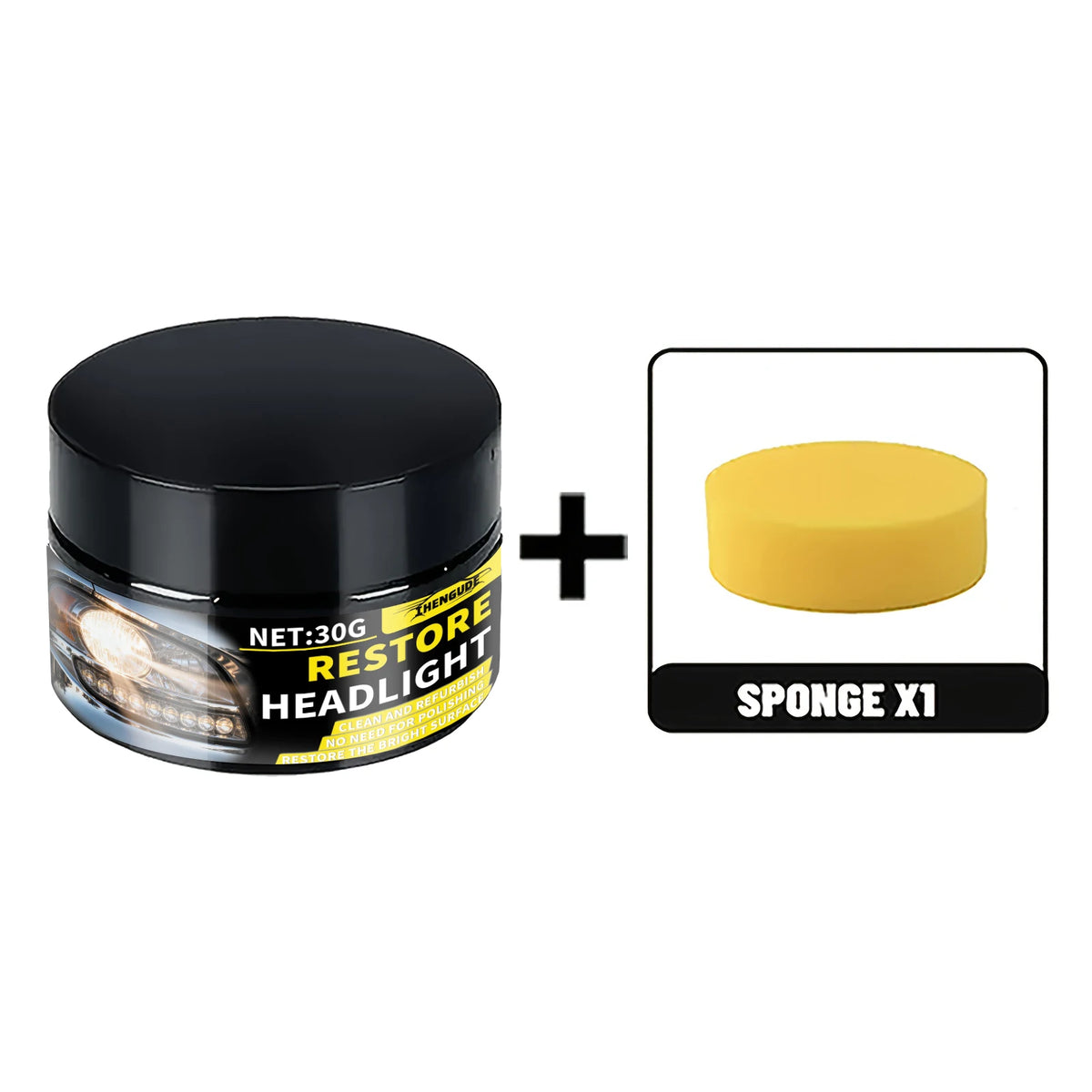 A kit for restoring headlight clarity, including a lens and a sponge.