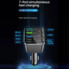 A black multi-device fast charging adapter with multiple USB ports and DC output options.