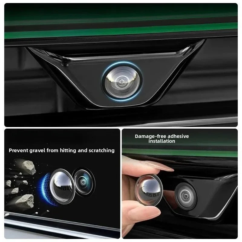 Close-up of a car camera with a protective film installed, preventing gravel from hitting and scratching the lens.