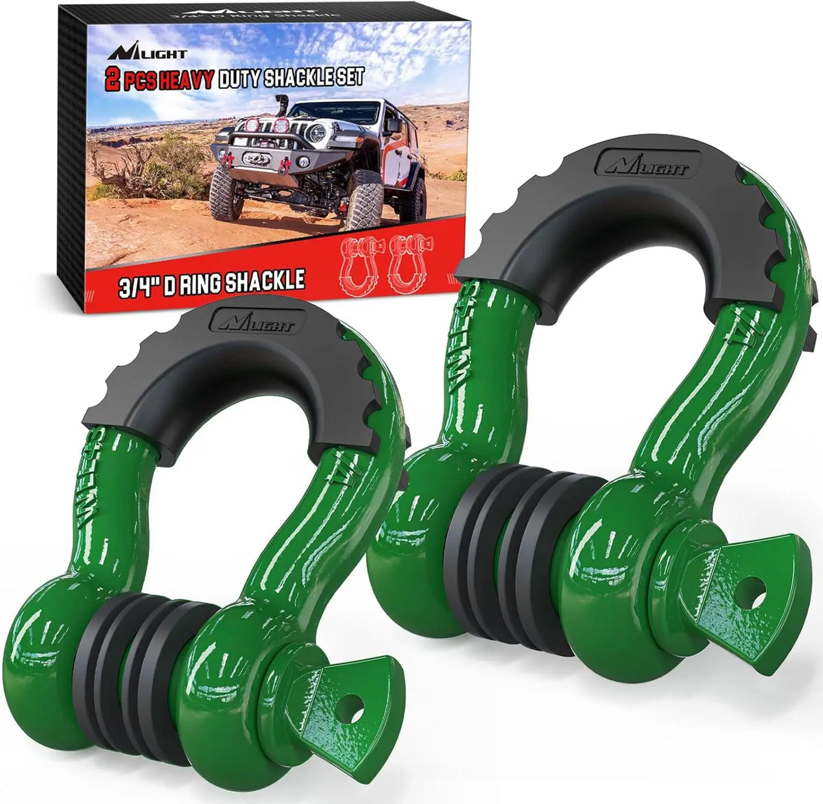 مجموعة من حلقات تثبيت (D-ring) خضراء قوية لإنقاذ المركبات، مع عبوتها.