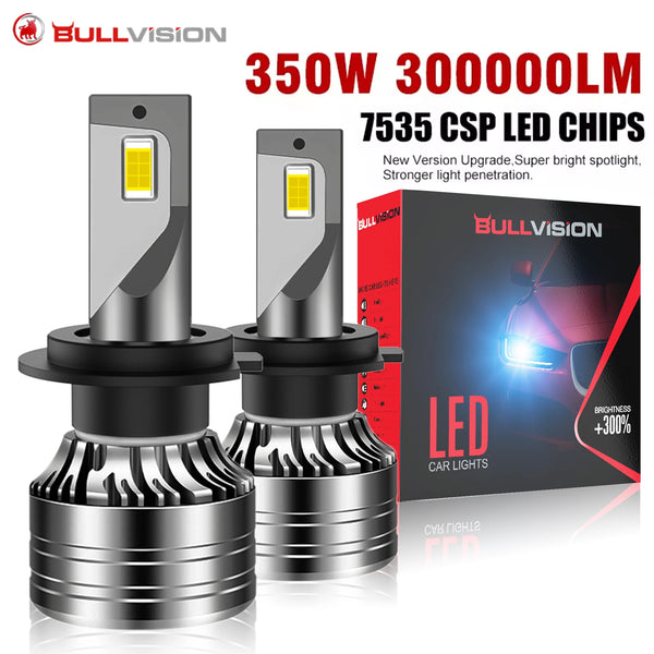 A pair of 350W 30000LM 7535 CSP LED car lights shown on a white background.