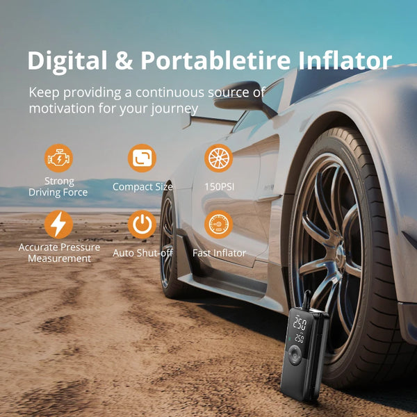 Un gonfleur numérique portable à côté d'un pneu de voiture, démontrant son utilisation pour mesurer la pression avec précisio