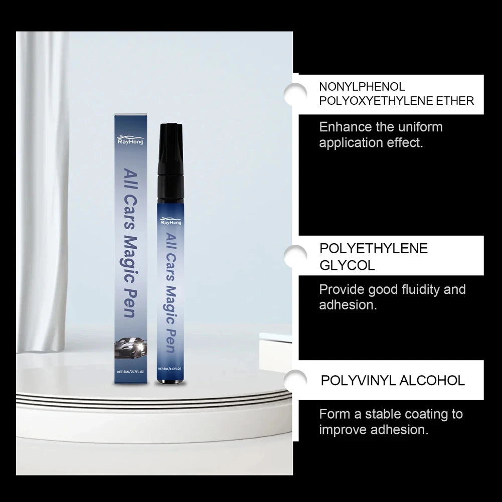 A bottle of All Cars Magic Pen car scratch remover product with three ingredients listed beside it.