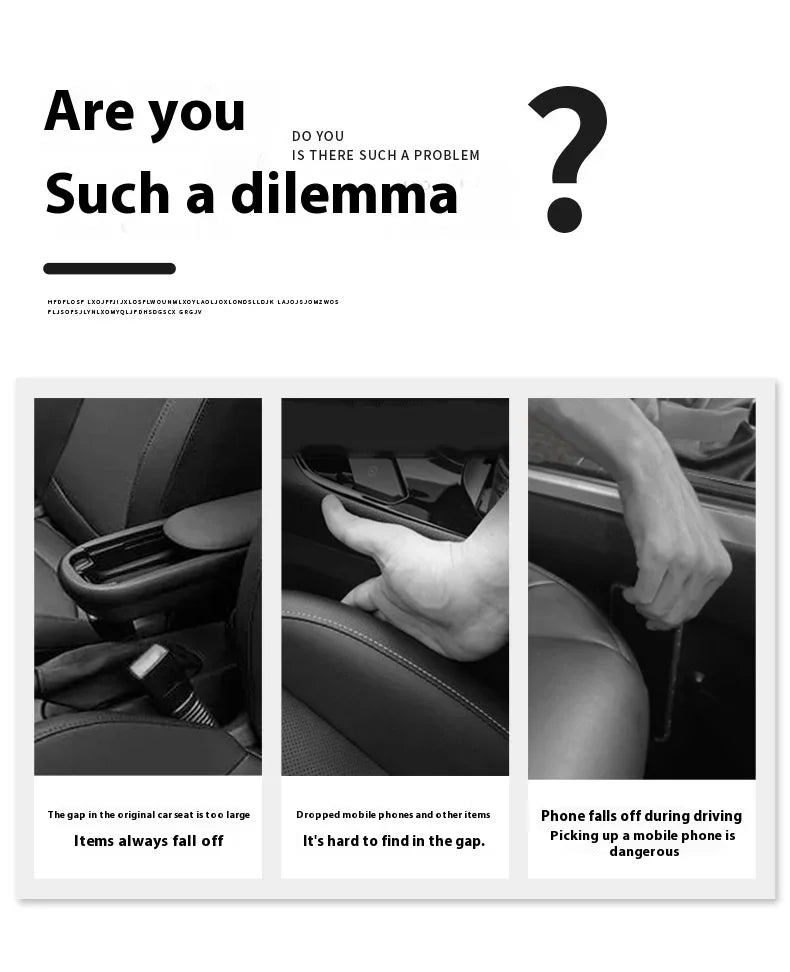 A diagram showing a car seat gap and how items fall off, illustrating the need for protection strips.