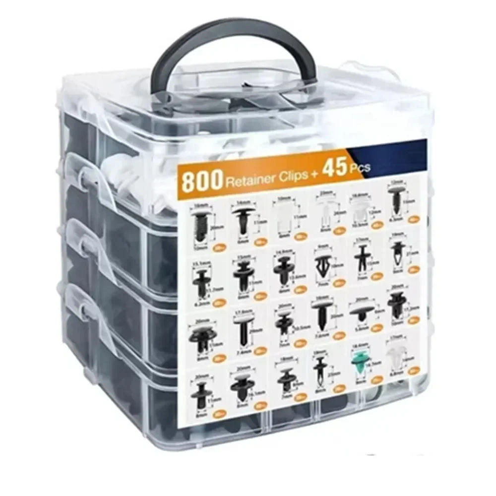 Clear plastic storage box containing 800 retainer clips and 45 pieces for automotive use