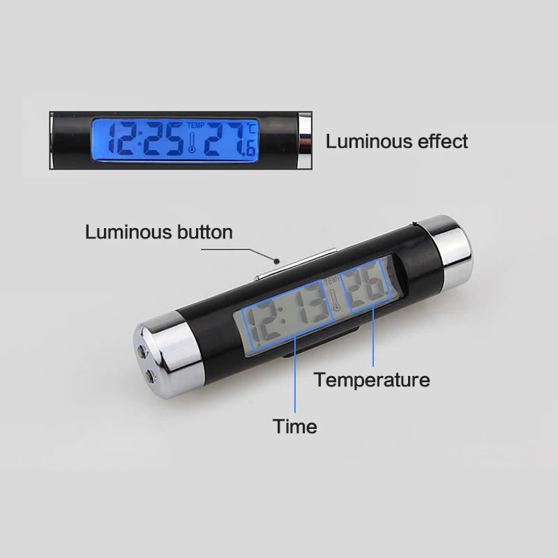 A black digital clock and thermometer device showing time, temperature, and a luminous effect.