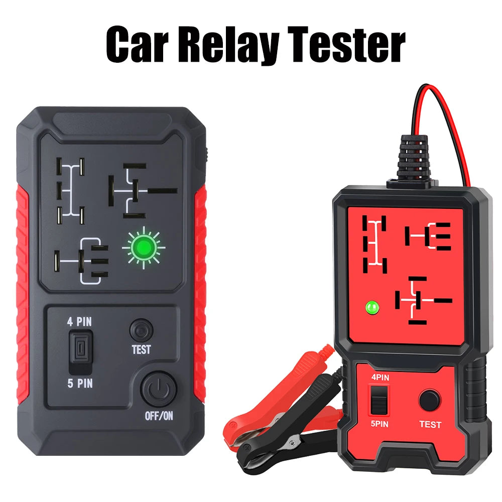 A black and red car relay tester device with test leads and a separate red and black unit.