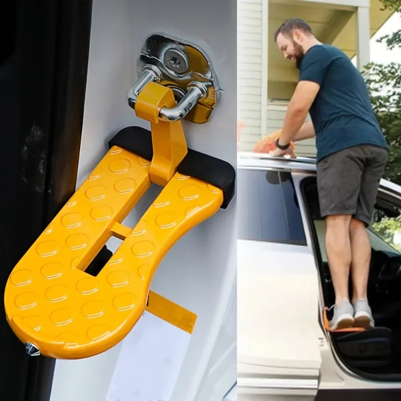 A yellow foldable car door step pedal and roof access hook is shown attached to a white vehicle.