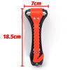 An orange and black heavy-duty emergency window breaker and seatbelt cutter tool with dimensions marked.
