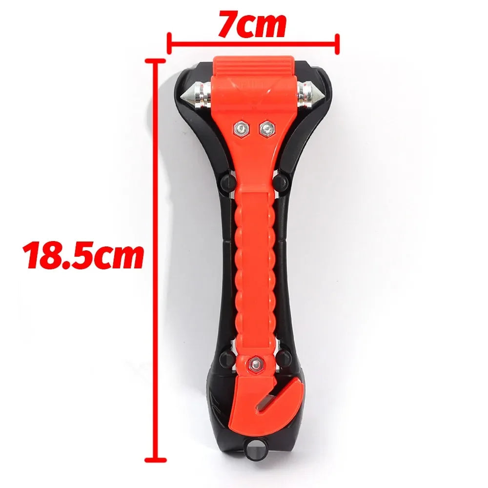 An orange and black heavy-duty emergency window breaker and seatbelt cutter tool with dimensions marked.
