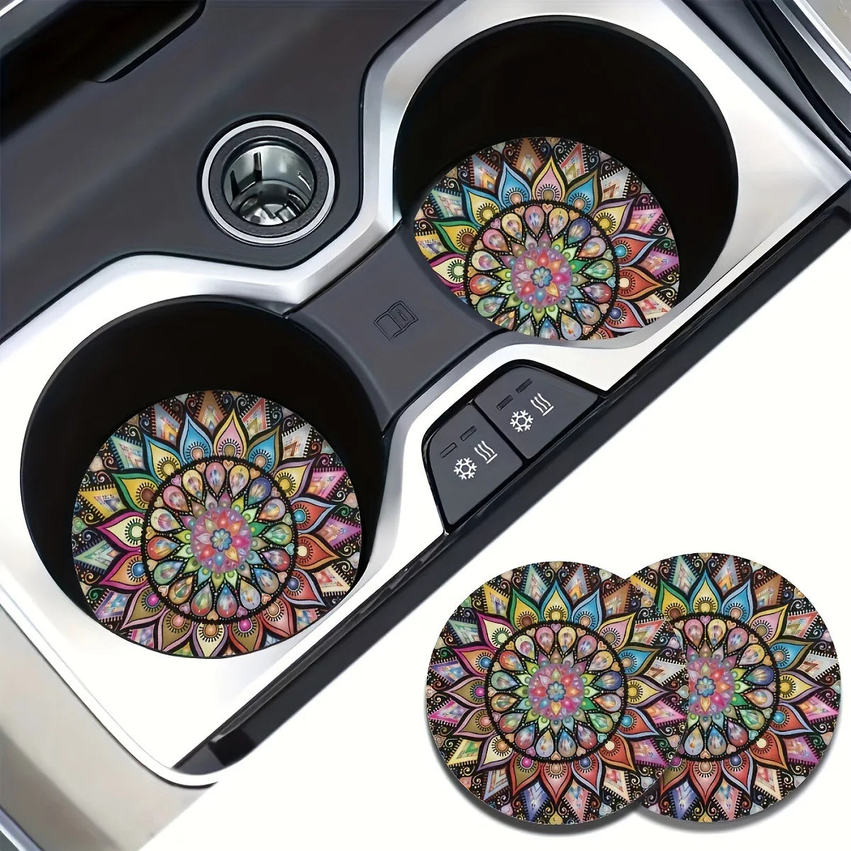 A close-up view of a set of colorful mandala silicone coasters inside a holder.
