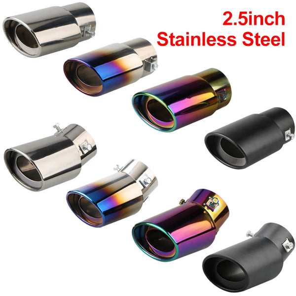 A collection of 2.5-inch stainless steel car exhaust muffler tip pipes shown in various finishes and angles.