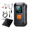 A portable car emergency air pump device with a digital display and various accessories shown on a white background.