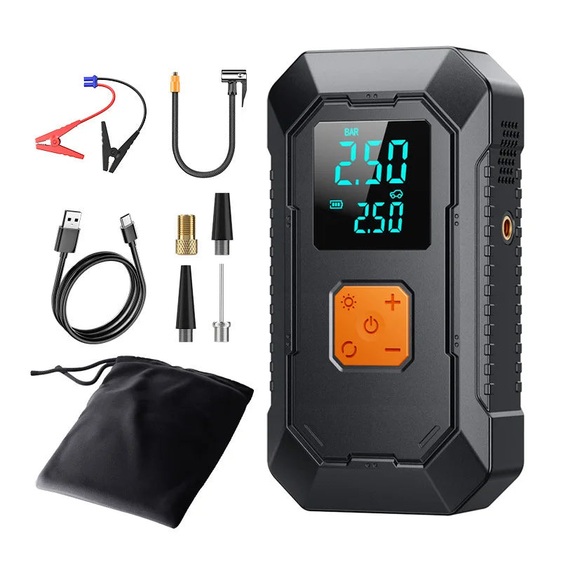 A portable car emergency air pump device with a digital display and various accessories shown on a white background.