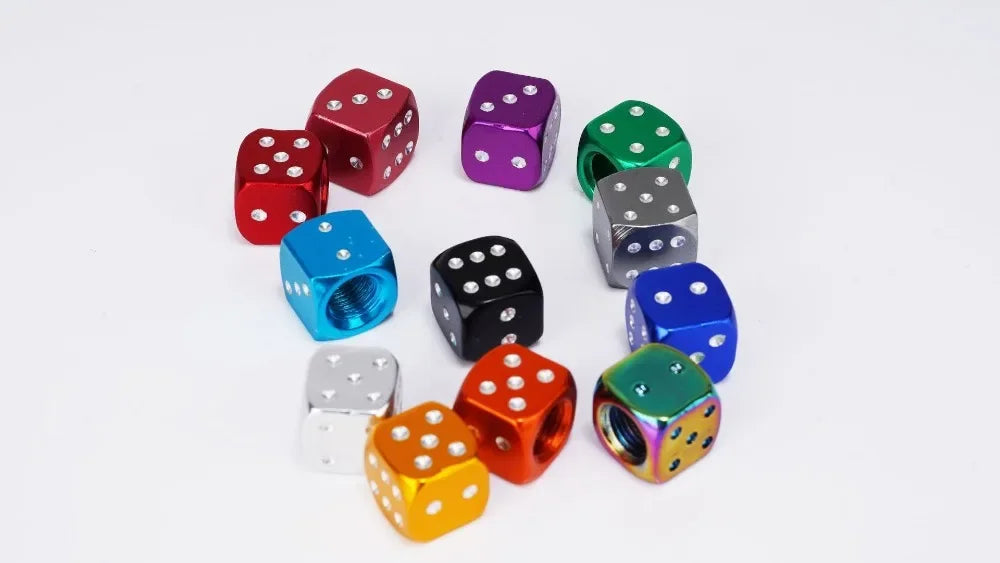 A collection of colorful aluminum dice valve caps arranged in a circle.