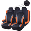 Black car seat covers with orange accents shown in a row, highlighting the breathable fabric design.