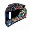 A black motorcycle helmet featuring a skull design and graphic elements.