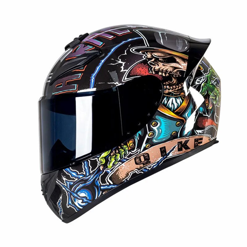 A black motorcycle helmet featuring a skull design and graphic elements.