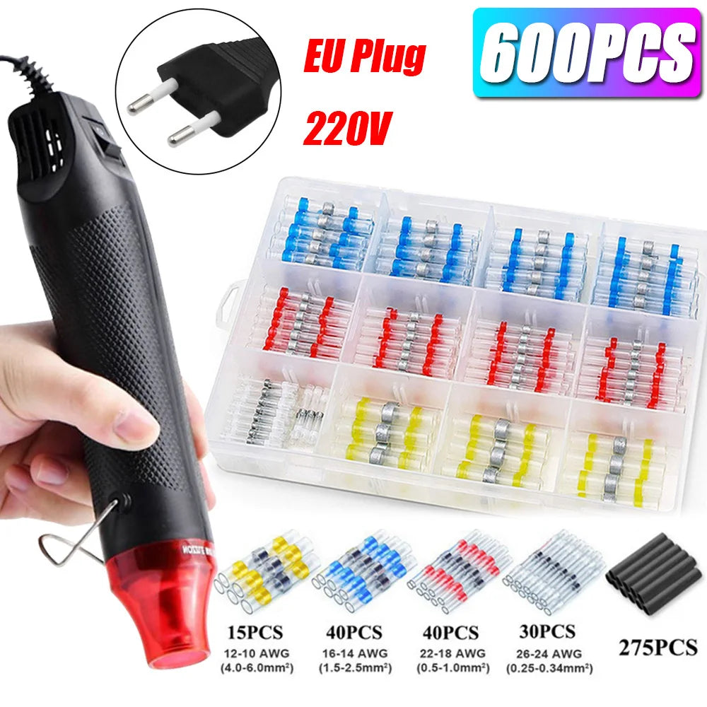 A professional heat shrink wire terminal and hot air gun kit with 600 pieces of terminals in plastic trays.