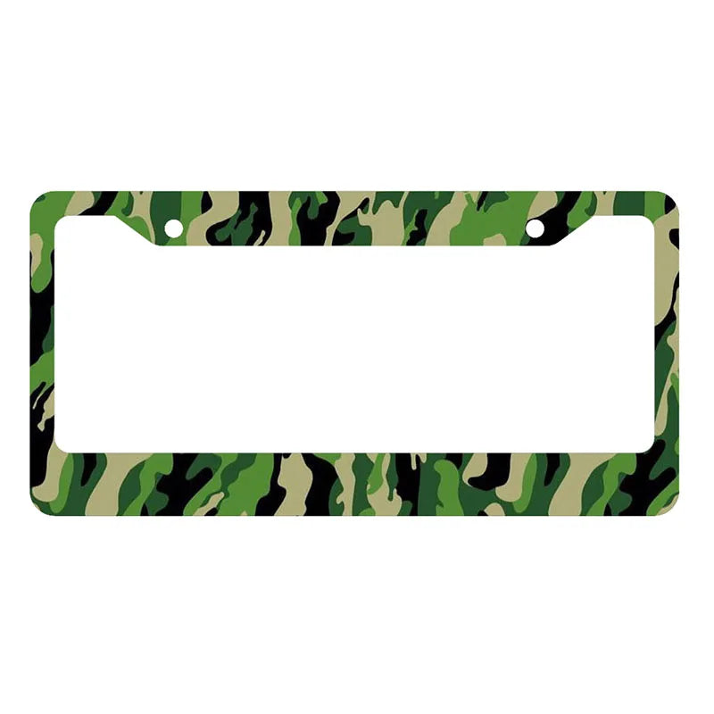 A rectangular license plate cover featuring a camouflage pattern of green, brown, and black.