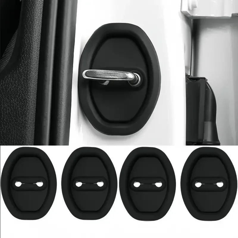 Un jeu de quatre protections de serrure pour portes de voiture noires, incluant un loquet et diverses formes pour l'installat