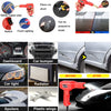 Heavy duty plastic welder kit showing various tools and applications for DIY repairs including safety paper pipe switch and c