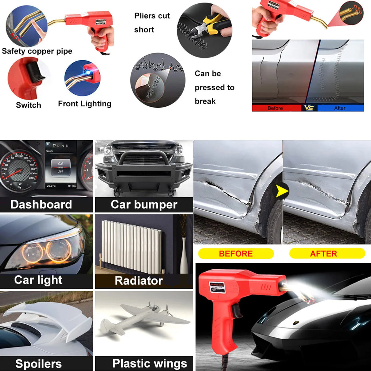 Heavy duty plastic welder kit showing various tools and applications for DIY repairs including safety paper pipe switch and c