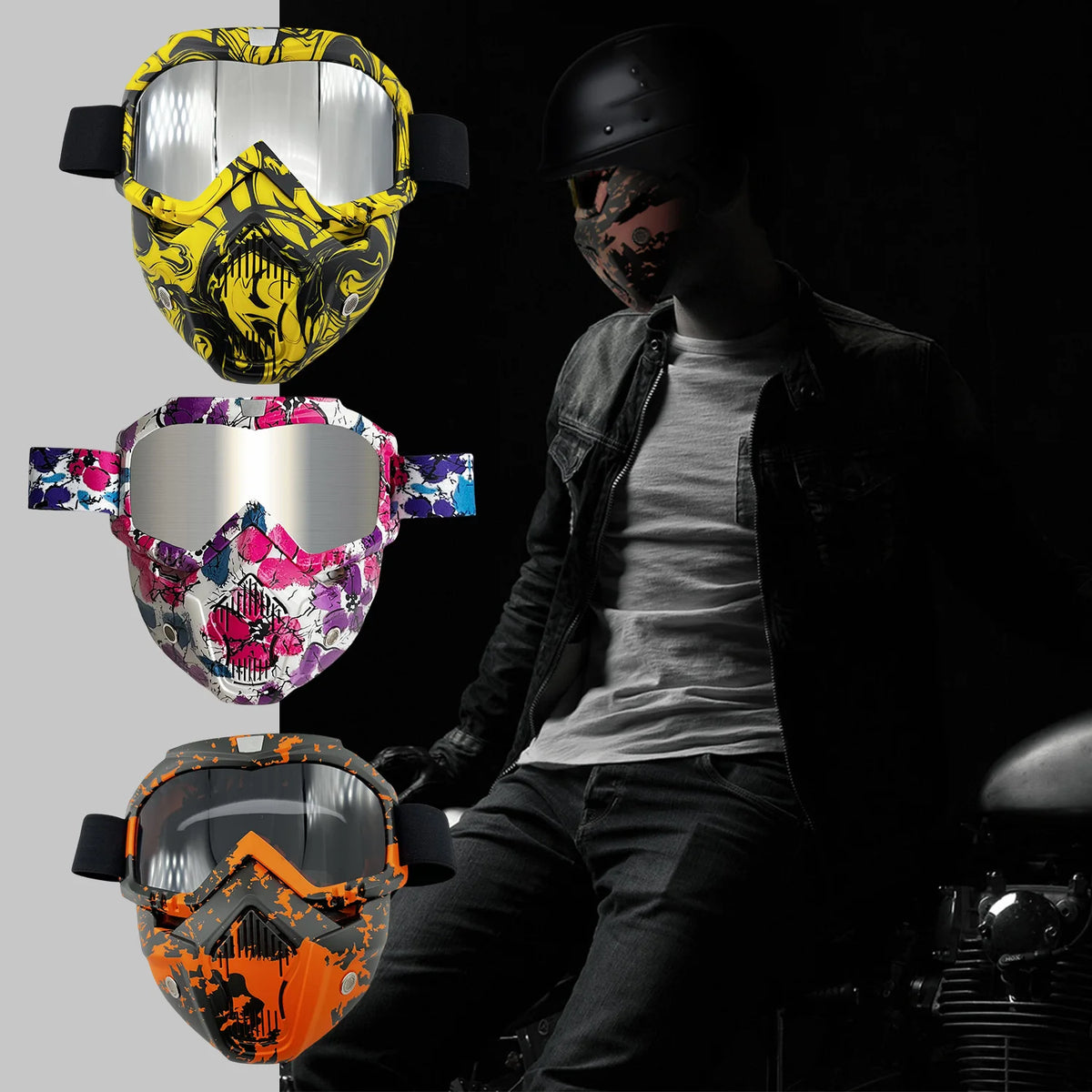 A man wearing a black helmet and leather jacket is shown alongside three tactical full face motorcycle goggles with colored l