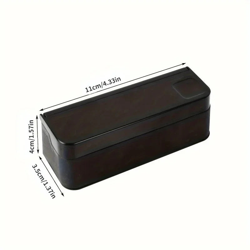 A dark brown rectangular coin storage box shown from the top view with dimensions provided.