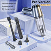 A silver vacuum cleaner Pro Version with accessories displayed on a white surface.