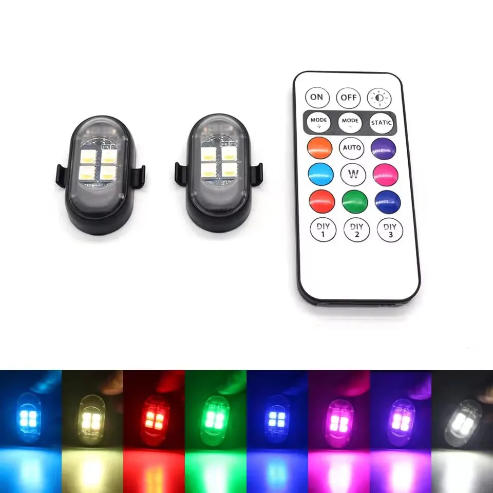 A set of wireless RGB car LED lights with a remote control and various color options.