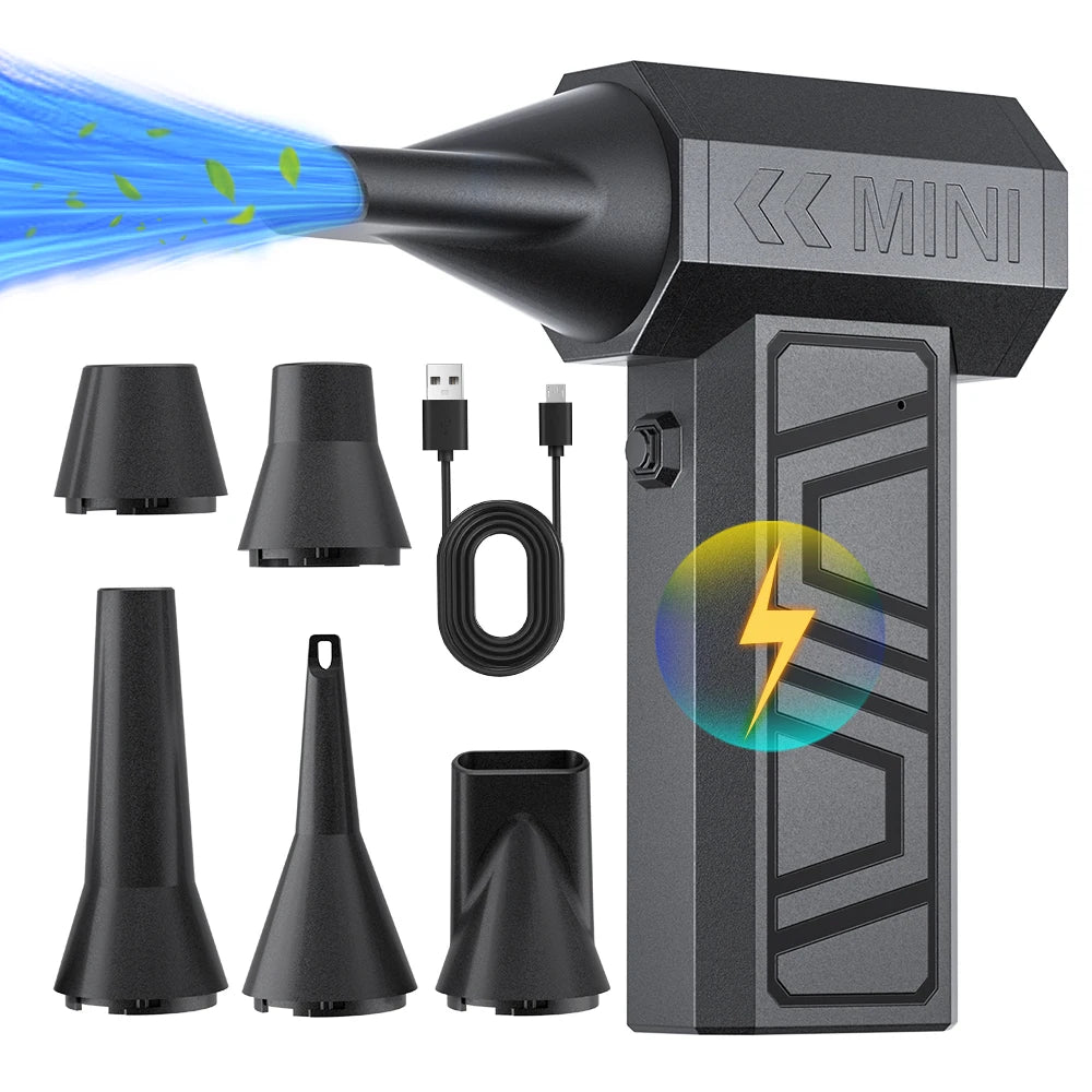 A black high-speed turbo air blower device with multiple nozzles and a blue stream of air.