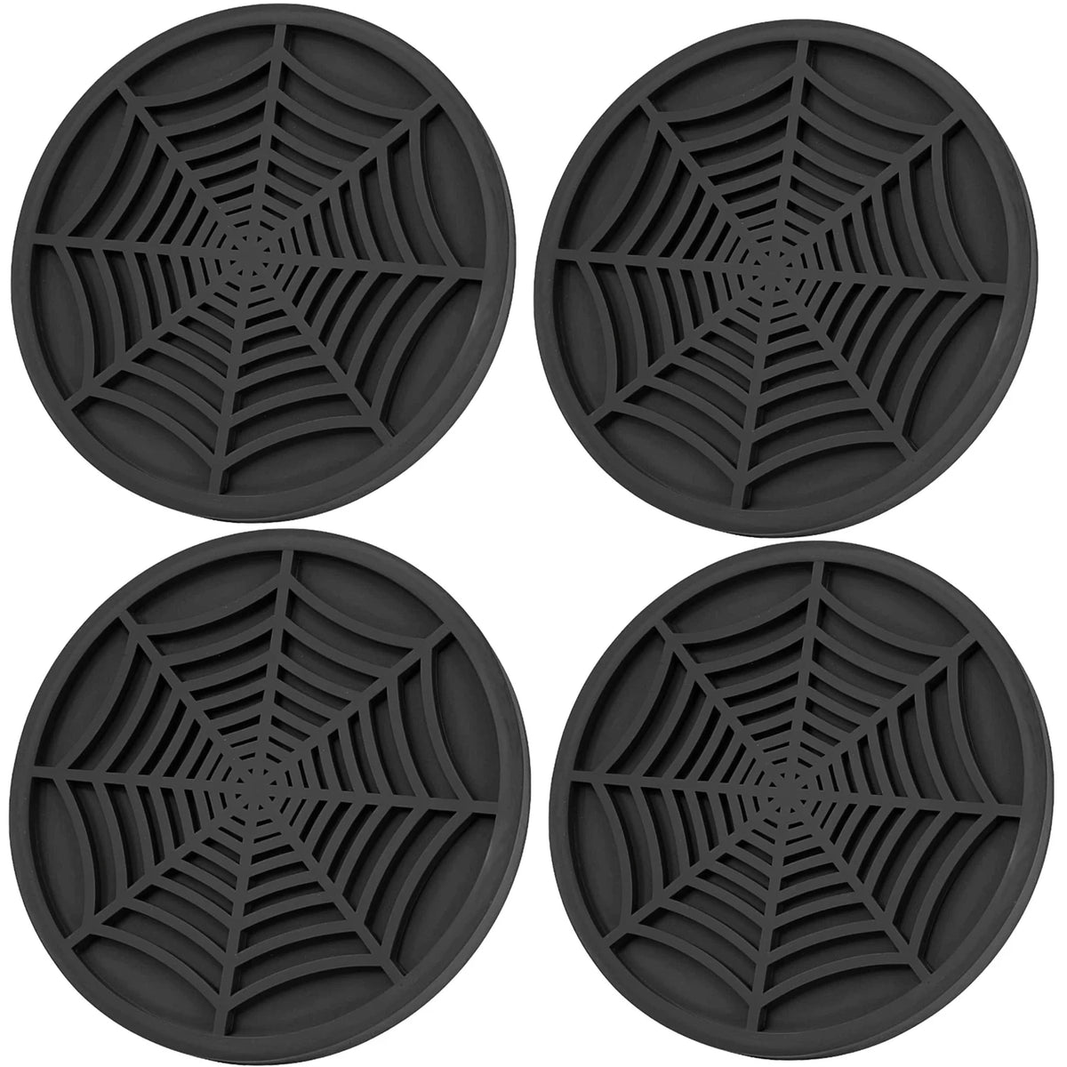 Four black silicone spider web car coasters shown from different angles