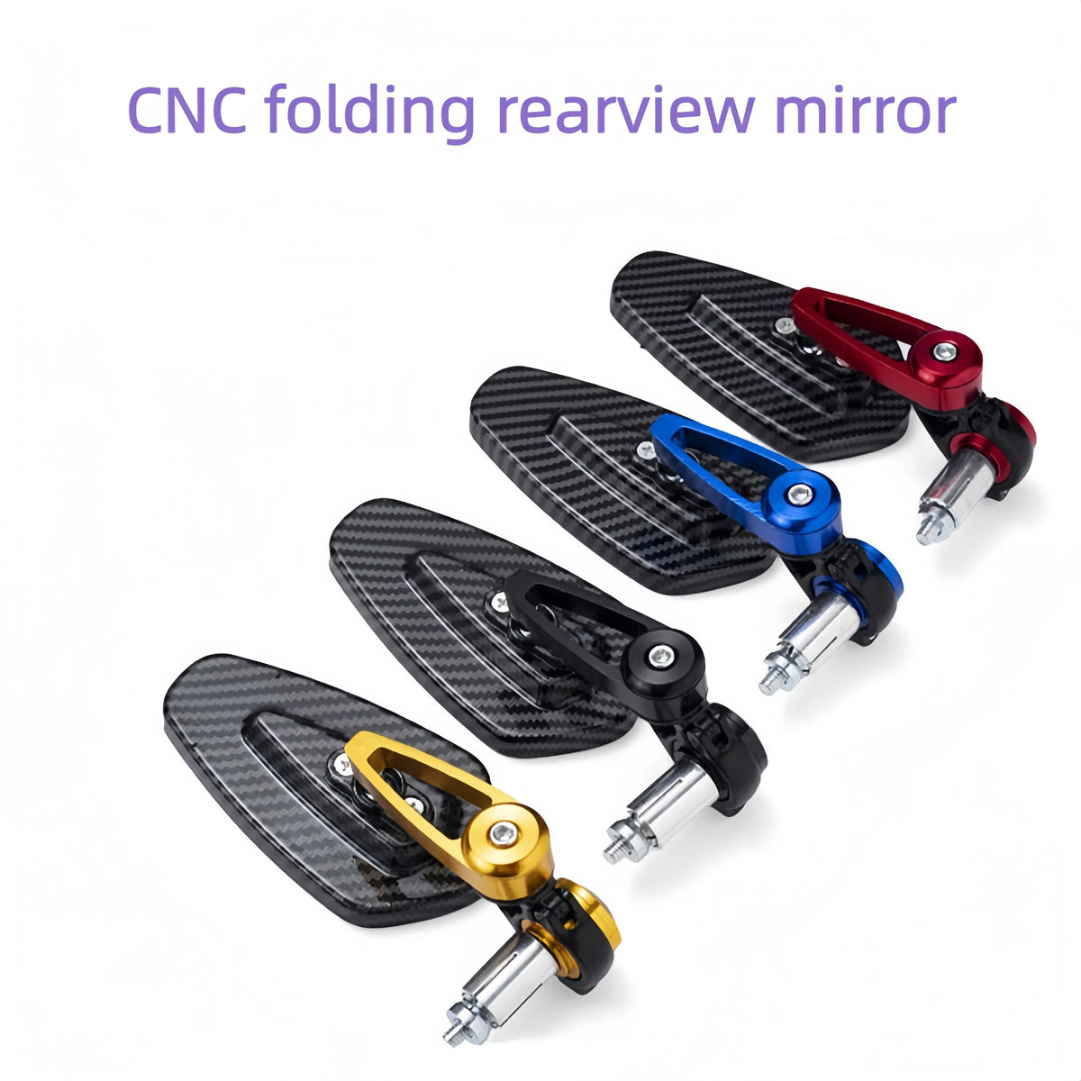 A set of CNC folding rearview mirrors with black carbon fiber and various colored mounting brackets.