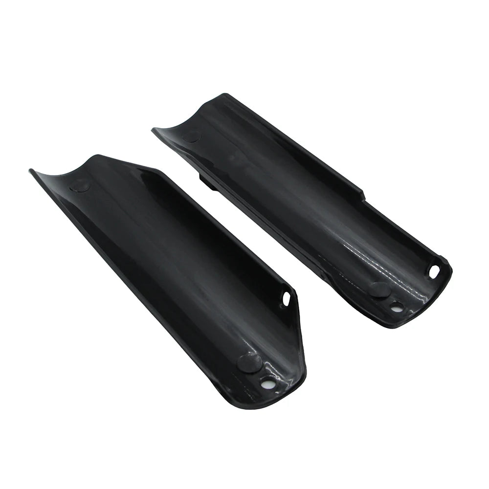 Black motorcycle front fork guard kit shown in a side view.