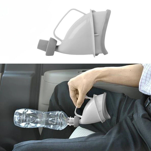 A portable urinal funnel in light gray is shown being used to pour liquid into a clear plastic bottle.
