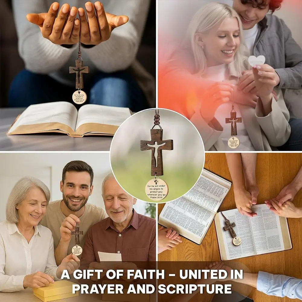 A gift of faith showing hands praying over an open Bible and a wooden cross ornament.